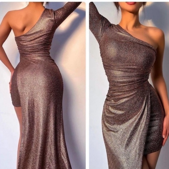 New Zara Sparkly Draped One Sleeve Asymmetric Copper Bronze Dress NWT Size M - Picture 2 of 10